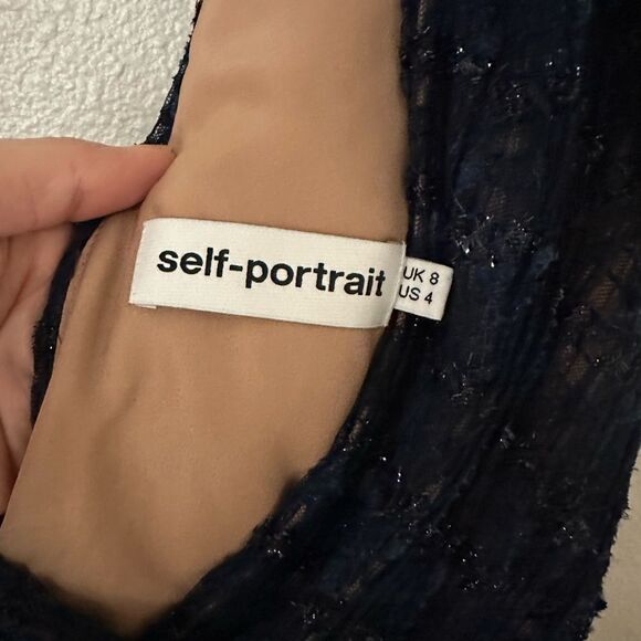 Self-Portrait V-Neck Metallic  Mesh Navy Dress - Picture 3 of 13